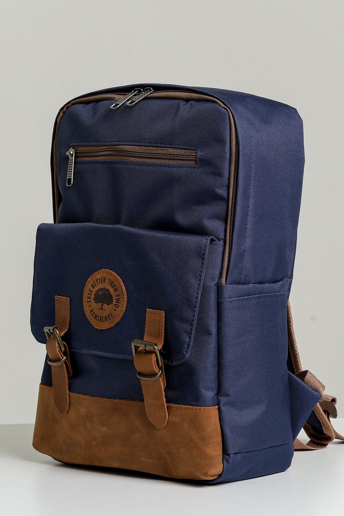 Unisex Navy 100% Genuine Leather Detailed Waterproof 15.6 Inch Multi-Compartment Backpack With Laptop Compartment