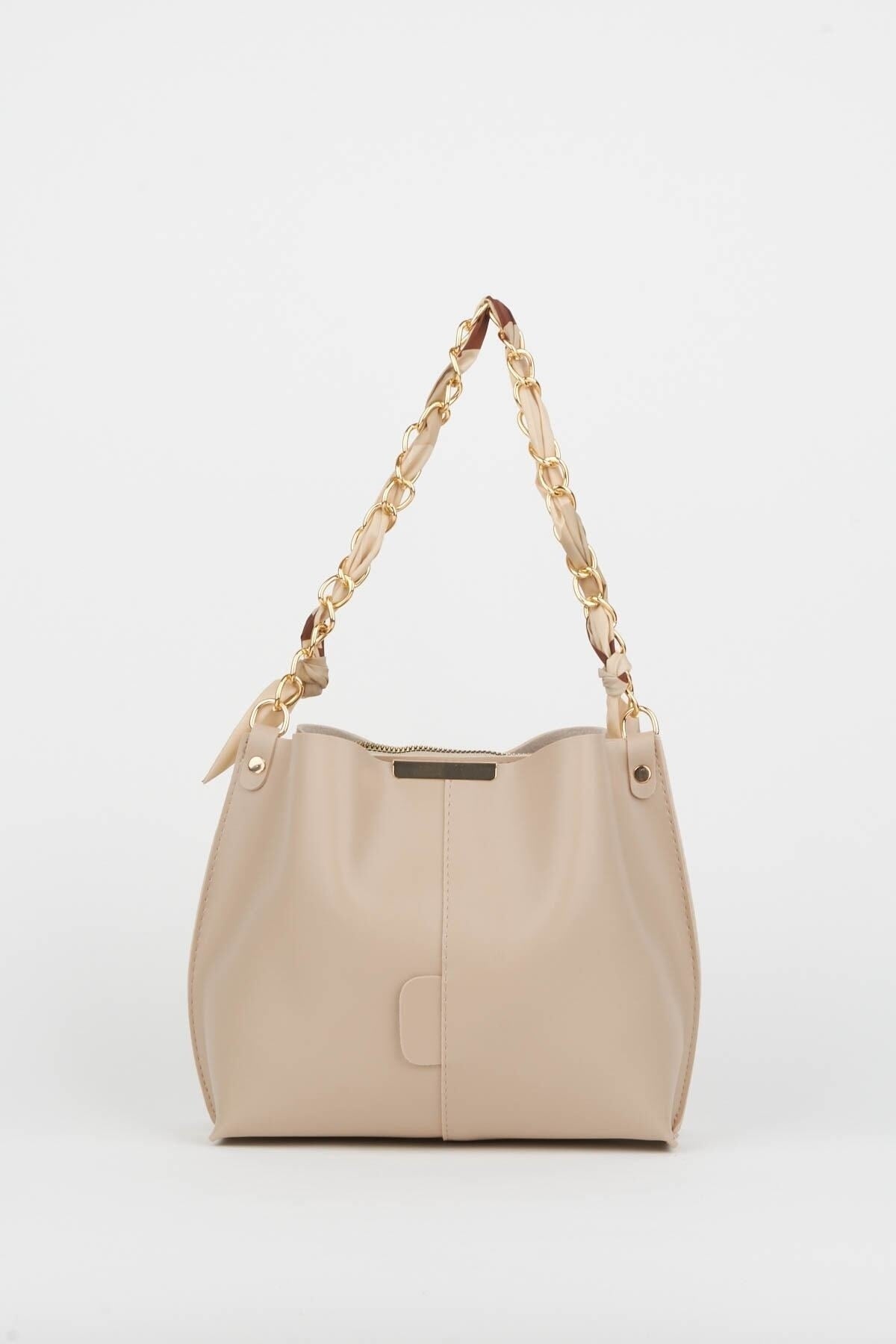Women'S Scarf And Chain Accessory Soft Leather 3-Compartment Hand, Arm And Shoulder Bag