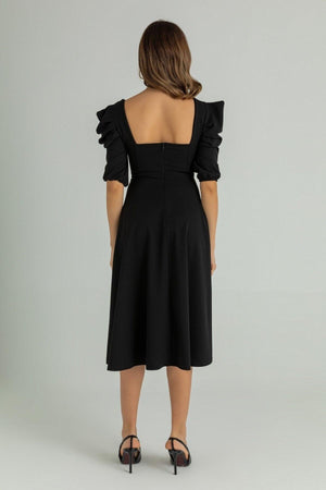 Women's Crepe Fabric Short Sleeve Square Collar Midi Length Black Dress 080 - Swordslife