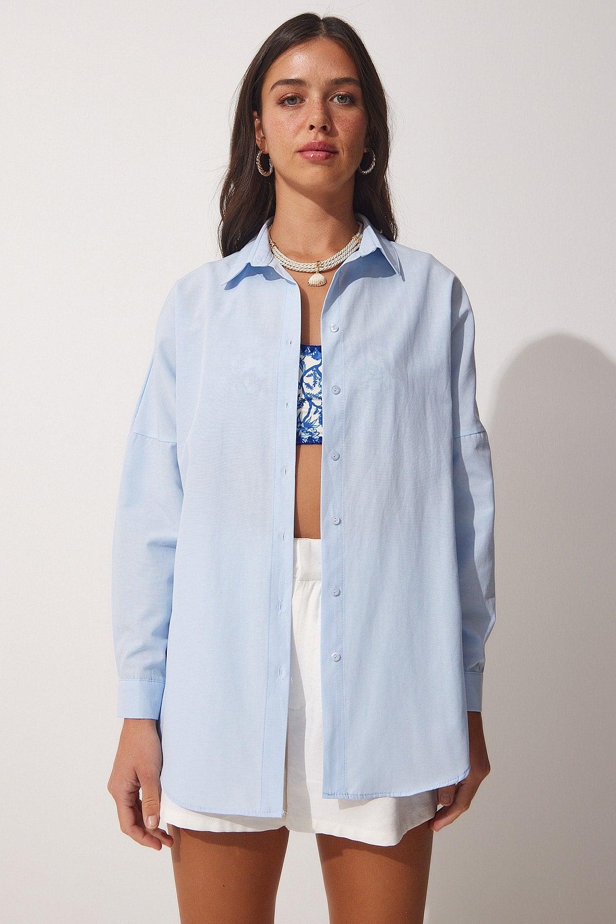 Women's Sky Blue Oversize Long Basic Shirt DD00842 - Swordslife