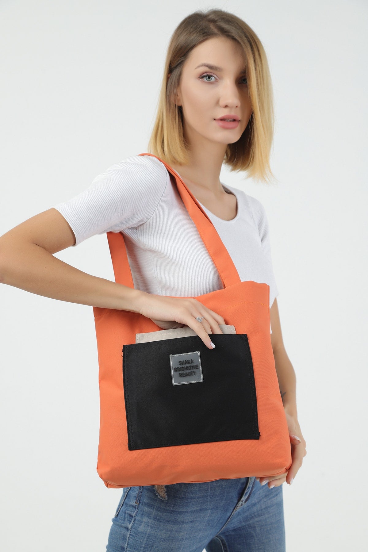 Orange/cream/black U22 3-Compartment Front 2 Pocket Detailed Canvas Fabric Daily Women's Arm And Shoulder Bag B:35