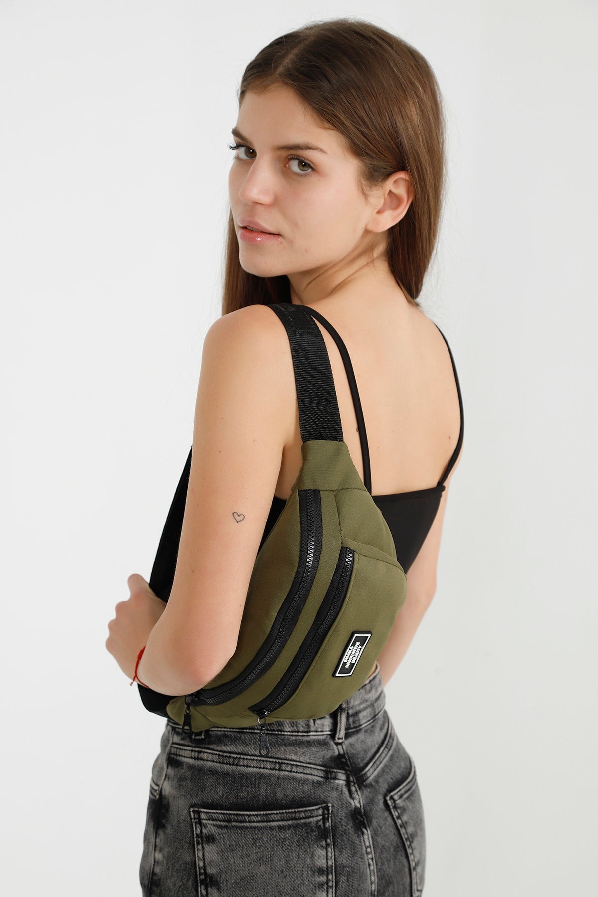 Khaki Green U8 2-Compartment Adjustable Cross Strap Canvas Unisex Waist And Shoulder Bag E:38 B:17 G:7