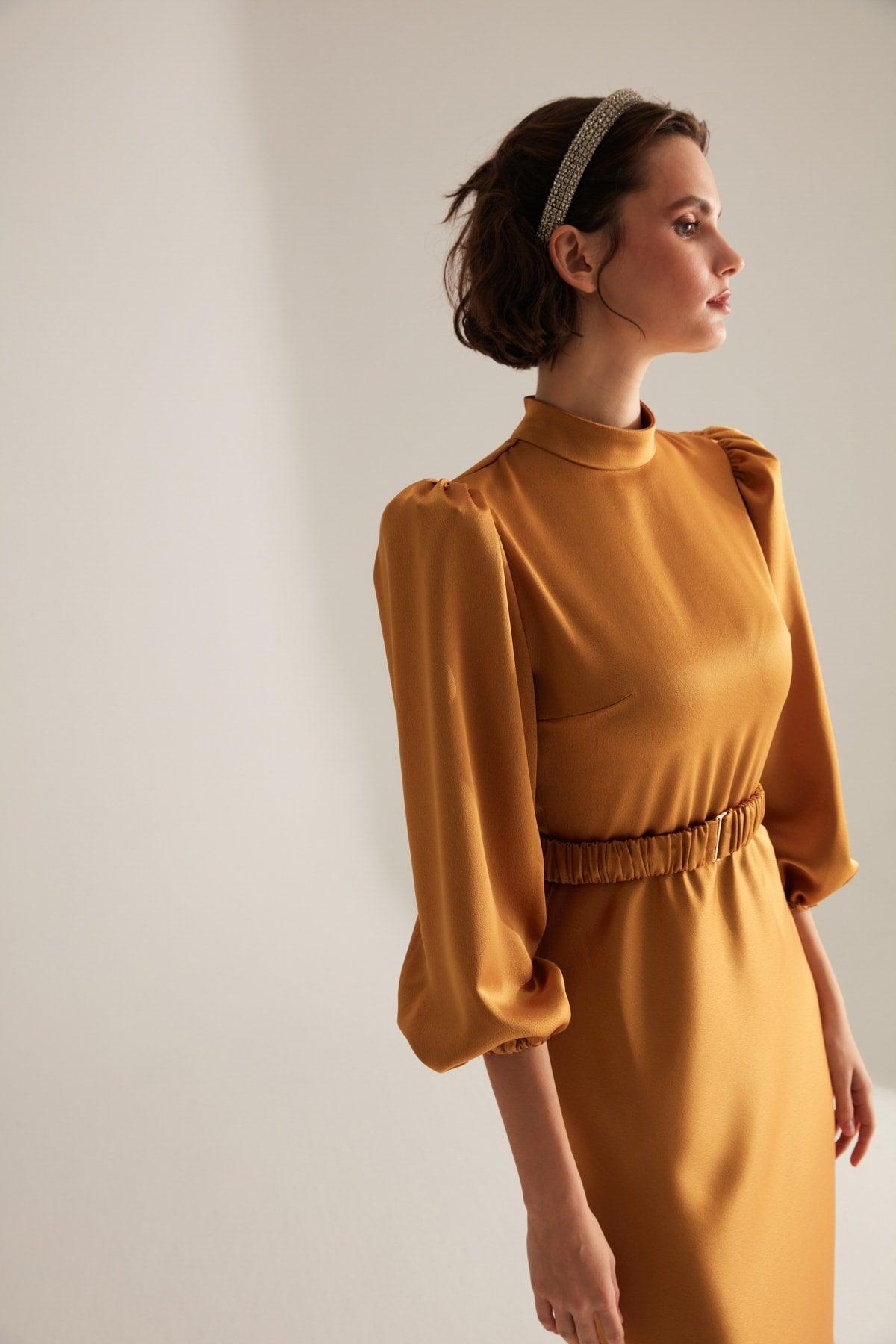 Berthe Judge Collar Long Mustard Engagement Dress - Swordslife