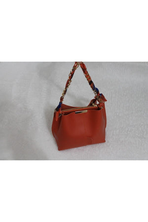 Women'S Orange Scarf Chain Accessory Soft Leather 3-Compartment Hand, Arm And Shoulder Bag