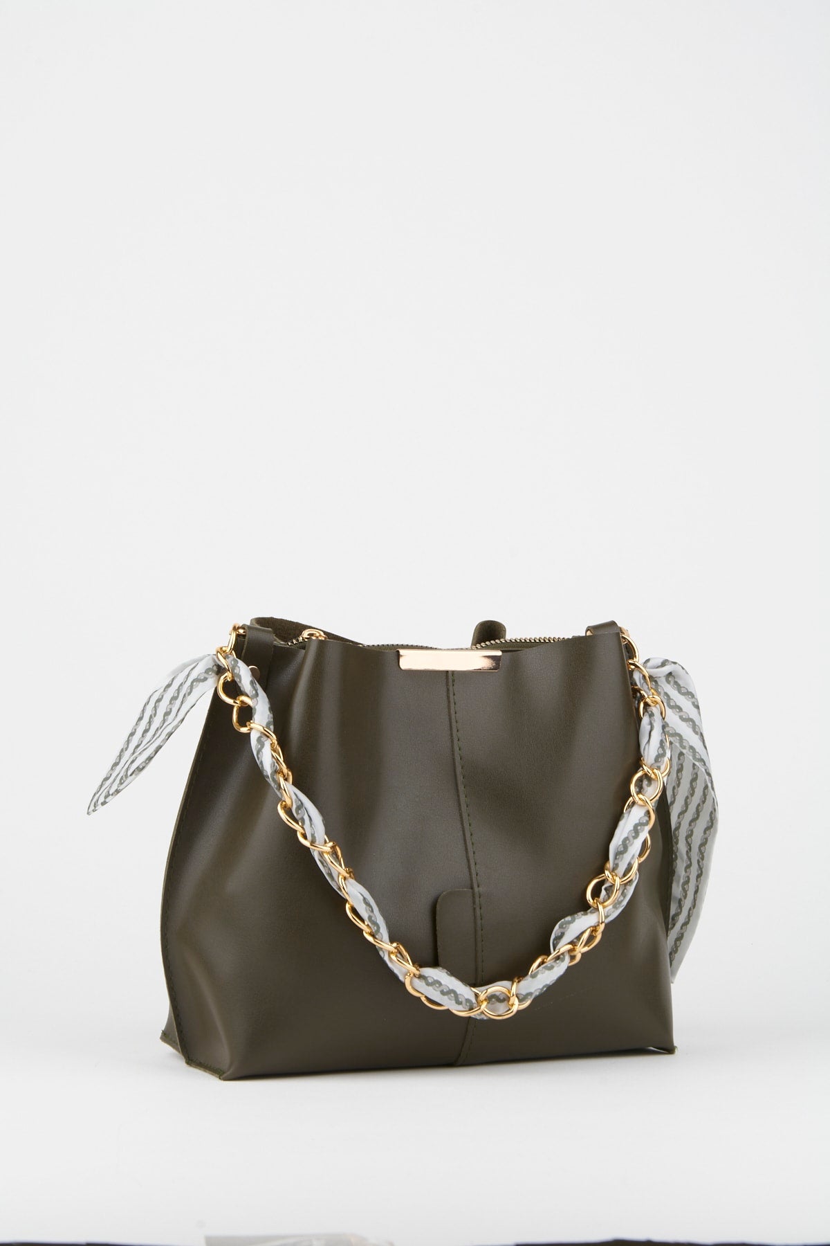 Women'S Khaki Scarf Chain Accessory Soft Leather 3-Compartment Hand, Arm And Shoulder Bag