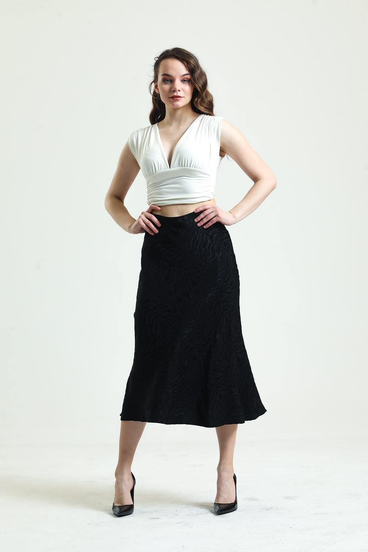 Black Ground Zebra Pattern Viscose Satin Midi Length Skirt - Swordslife