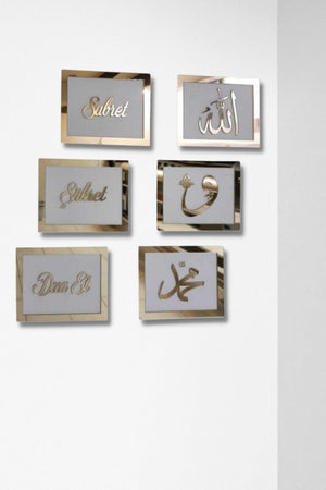 Patience Pray Be Gratitude 6 Prayer Table Set White Wood Gold Gold Plexi Mirror Wall Decor 26x16cm - Swordslife