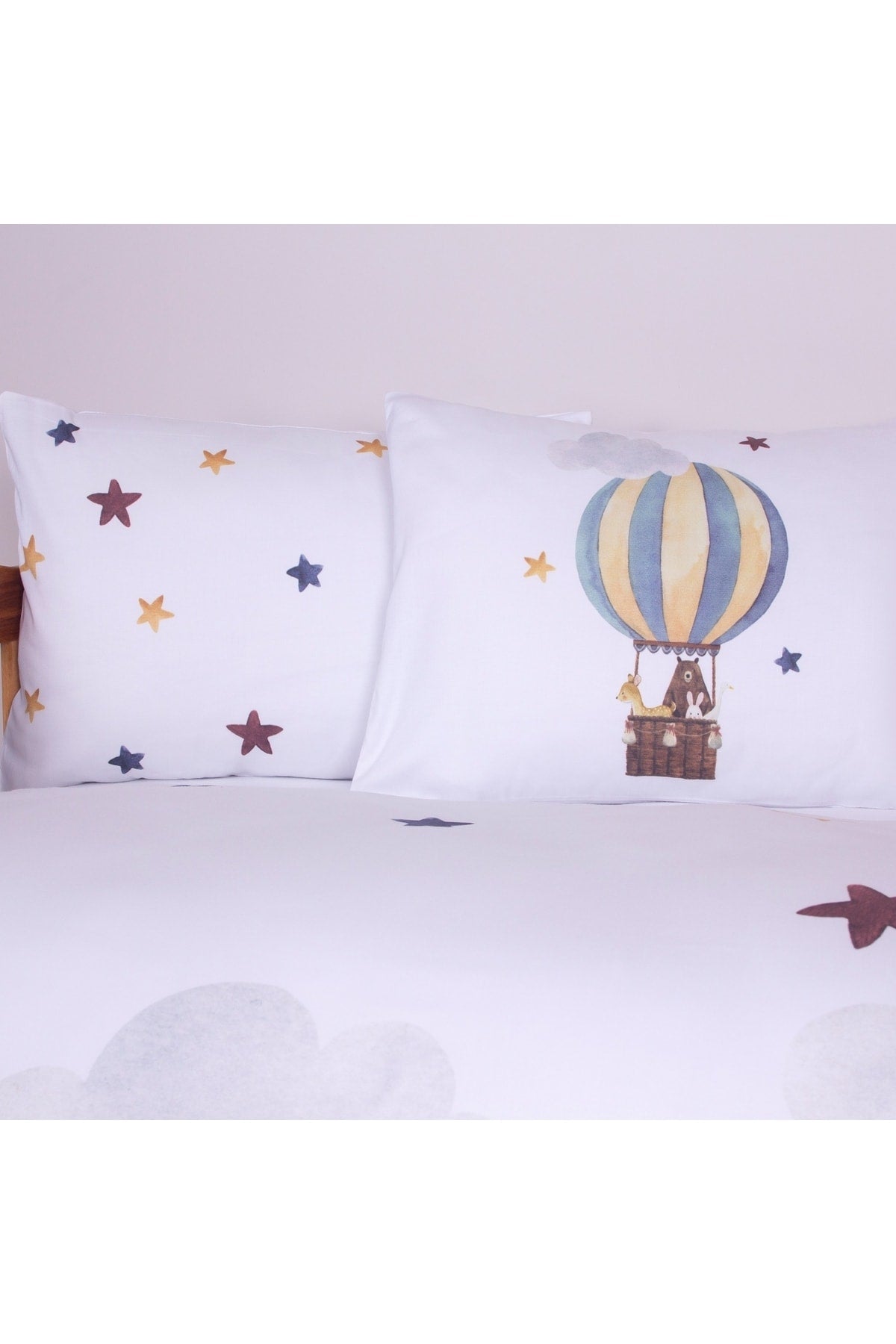 Organic Printed Cotton Satin Baby Duvet Cover Set - Teddy Bear, Flying Balloon And Star Themed