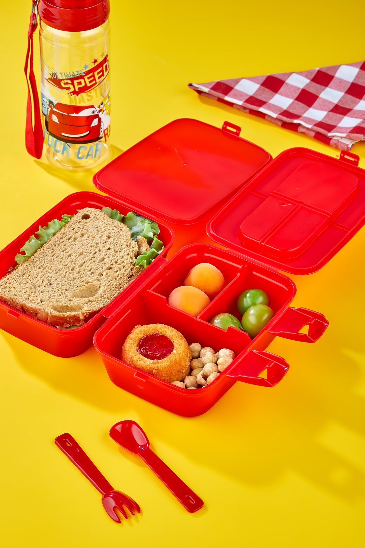 2-Layer Lunch Box with 4 Compartments and Self-Spoon and 500 Cc Water Bottle with Straw Cart