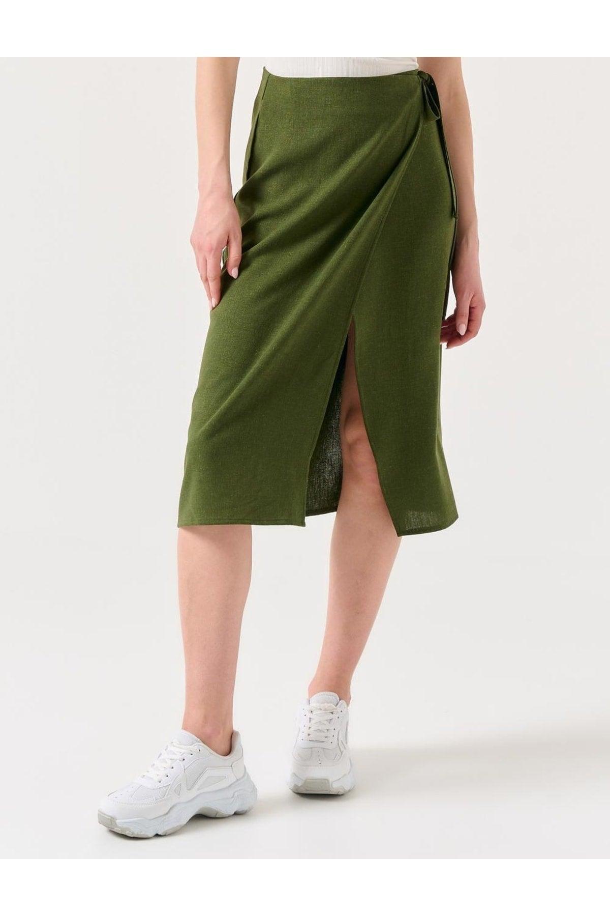 Khaki Regular Waist Slit Midi Linen Skirt - Swordslife