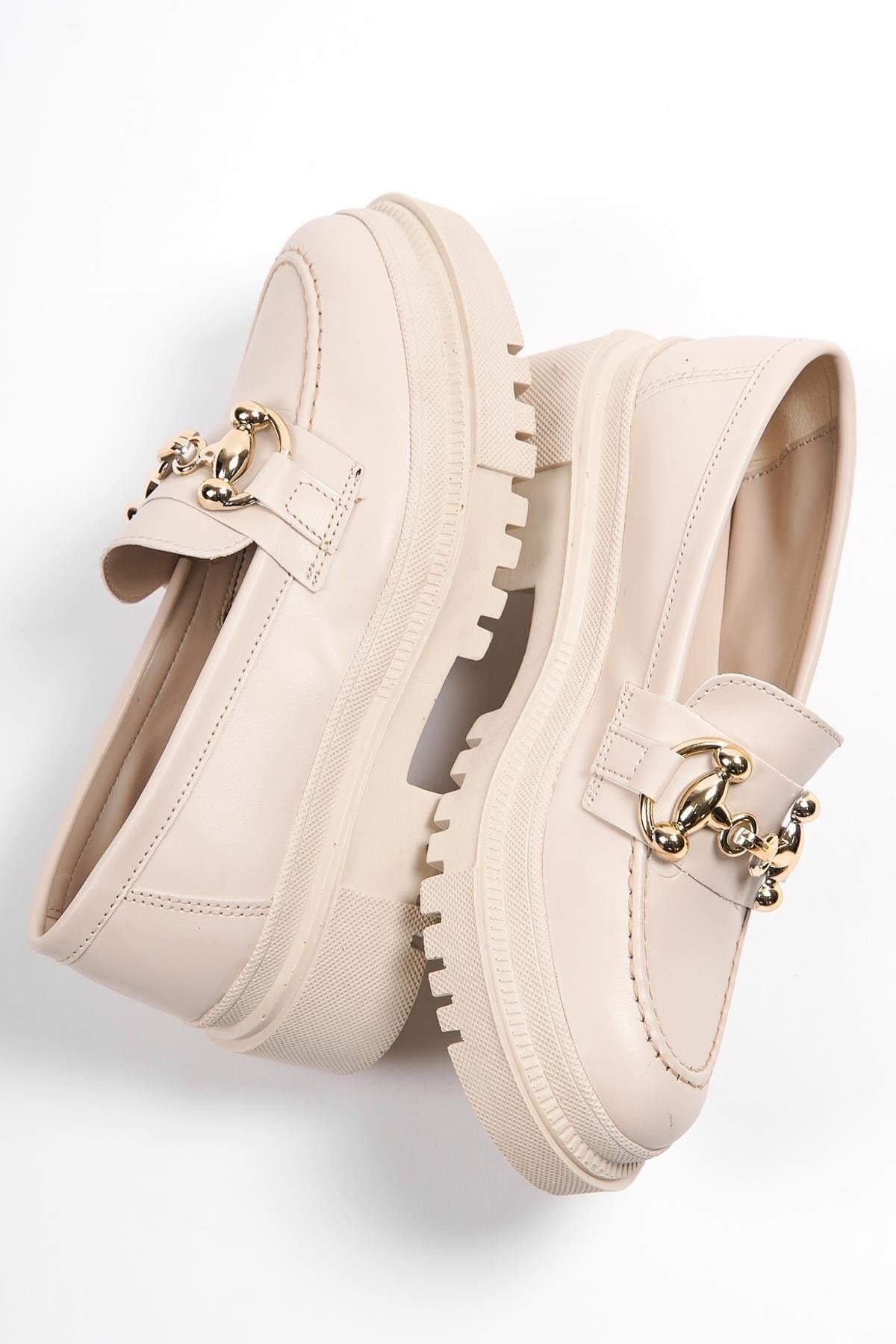 Capone Oval Toe Metal Buckle Trak Sole Ecru Beige Women'S Loafers