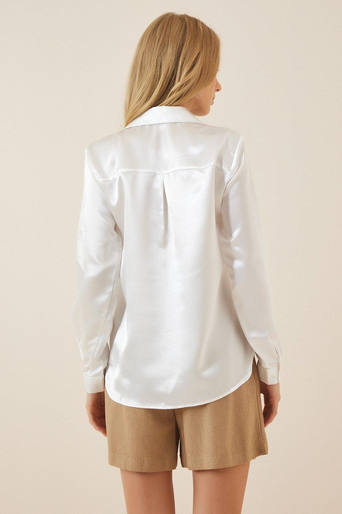 Women's White Lightly Flowy Satin Shirt DD00990 - Swordslife