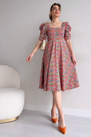 Women's Crepe Fabric Short Sleeve Square Collar Midi Length Floral Printed Summer Dress 080 - Swordslife