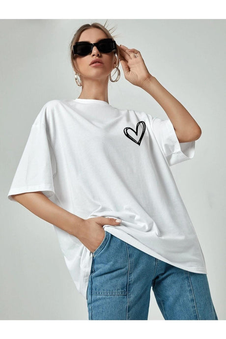 Minimal Heart Printed White Oversize Tshirt - Swordslife