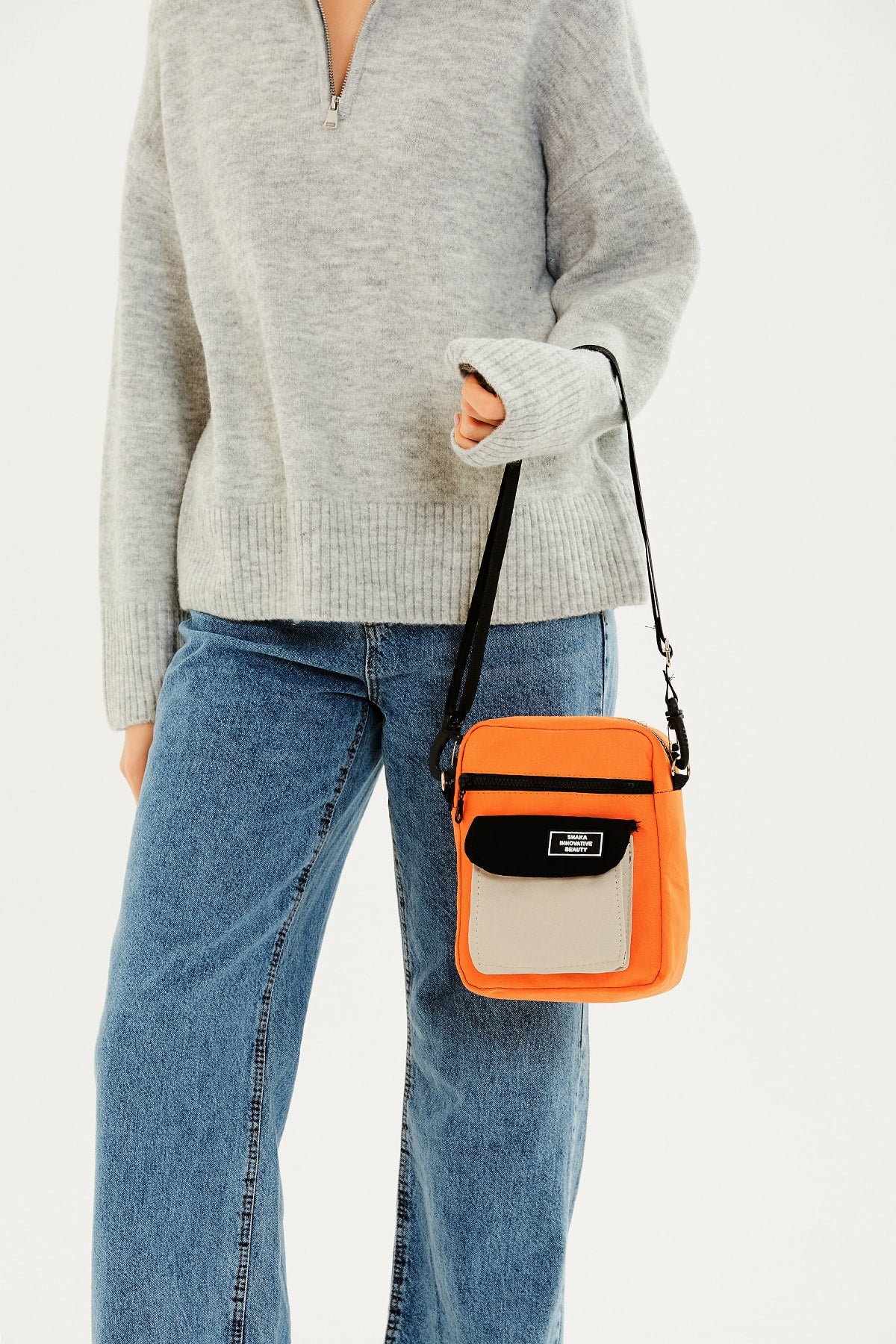 Orange/Cream/Black U2 3-Compartment Cross Adjustable Strap Canvas Fabric Unisex Shoulder Bag B:22 E: