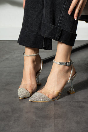 Silver Transparent Stone Women'S Evening Dress Heeled Shoes