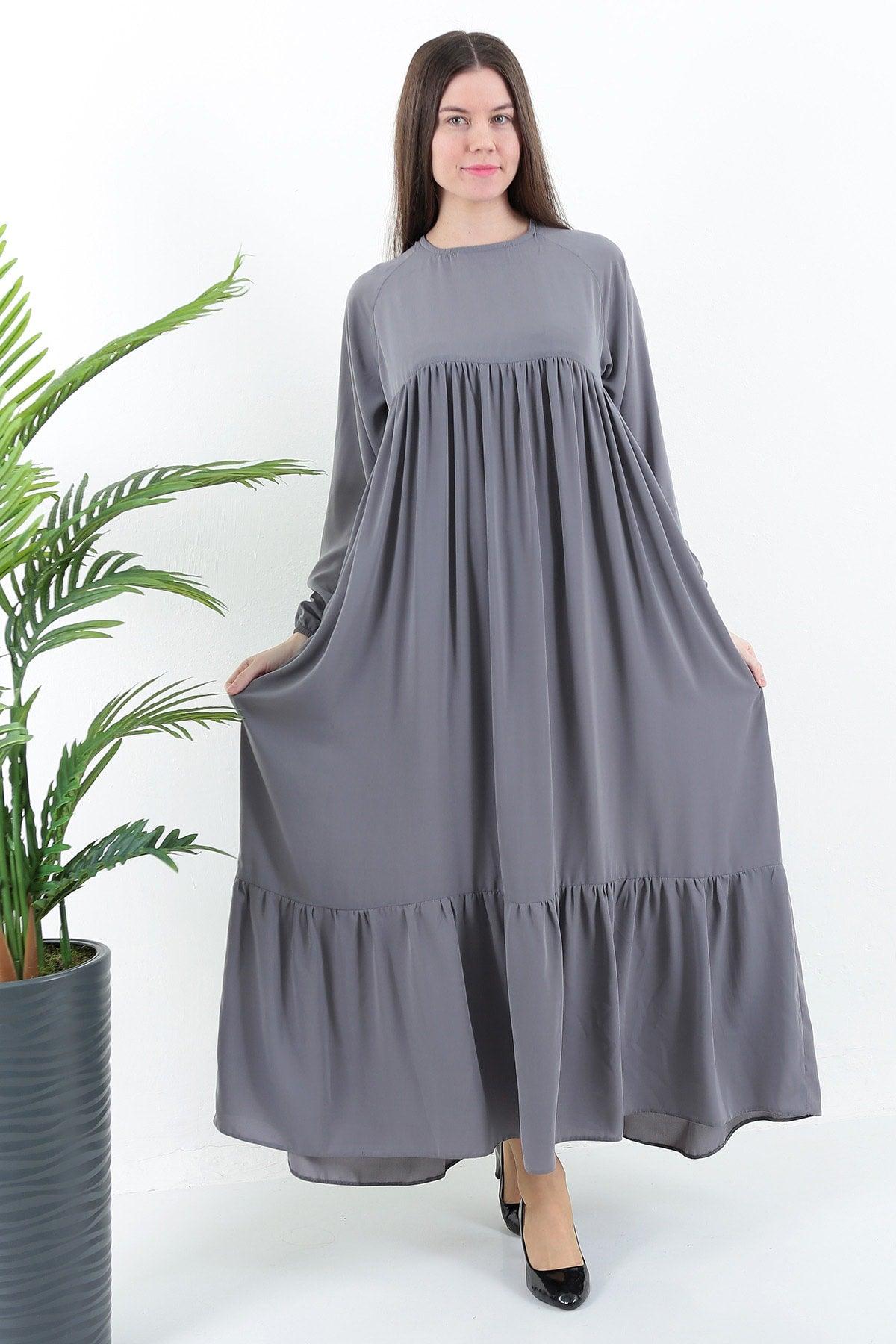 Gray Crew Neck Comfortable Fit Elastic Sleeve Side Pockets Pleated Robe Dress - Swordslife