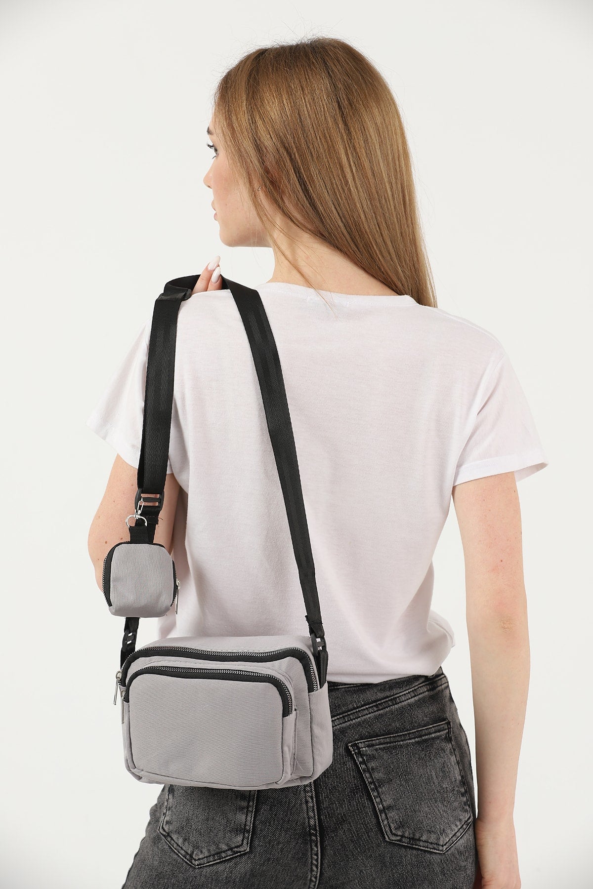 Light Gray U4 Canvas Women's Cross Shoulder Bag With 2 Compartments And Wallet With Adjustable Strap B:17 E:22 G: