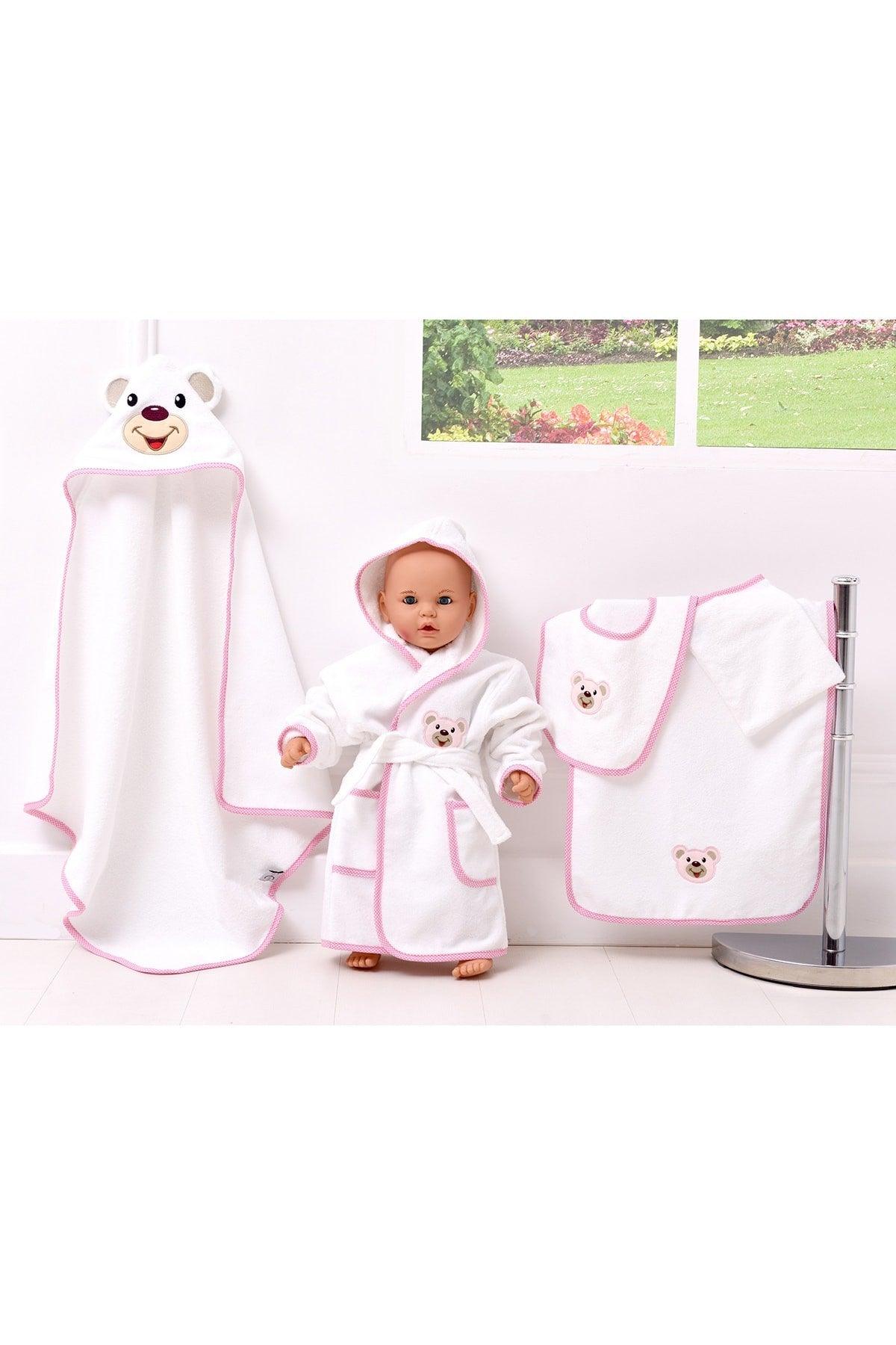 5 Piece Baby Bathrobe Set Pink Bear