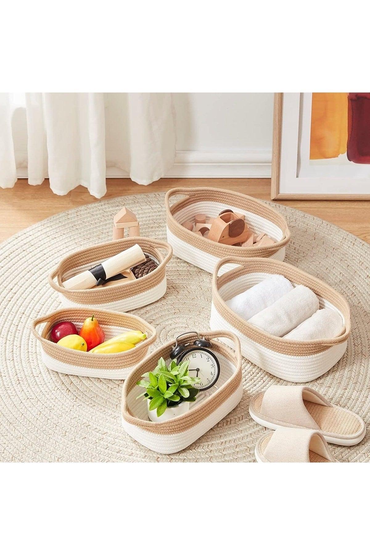 5 Pieces Storage Basket , Bathroom And Kitchen Organization Box Natural Cotton Rope Woven Baskets - Swordslife