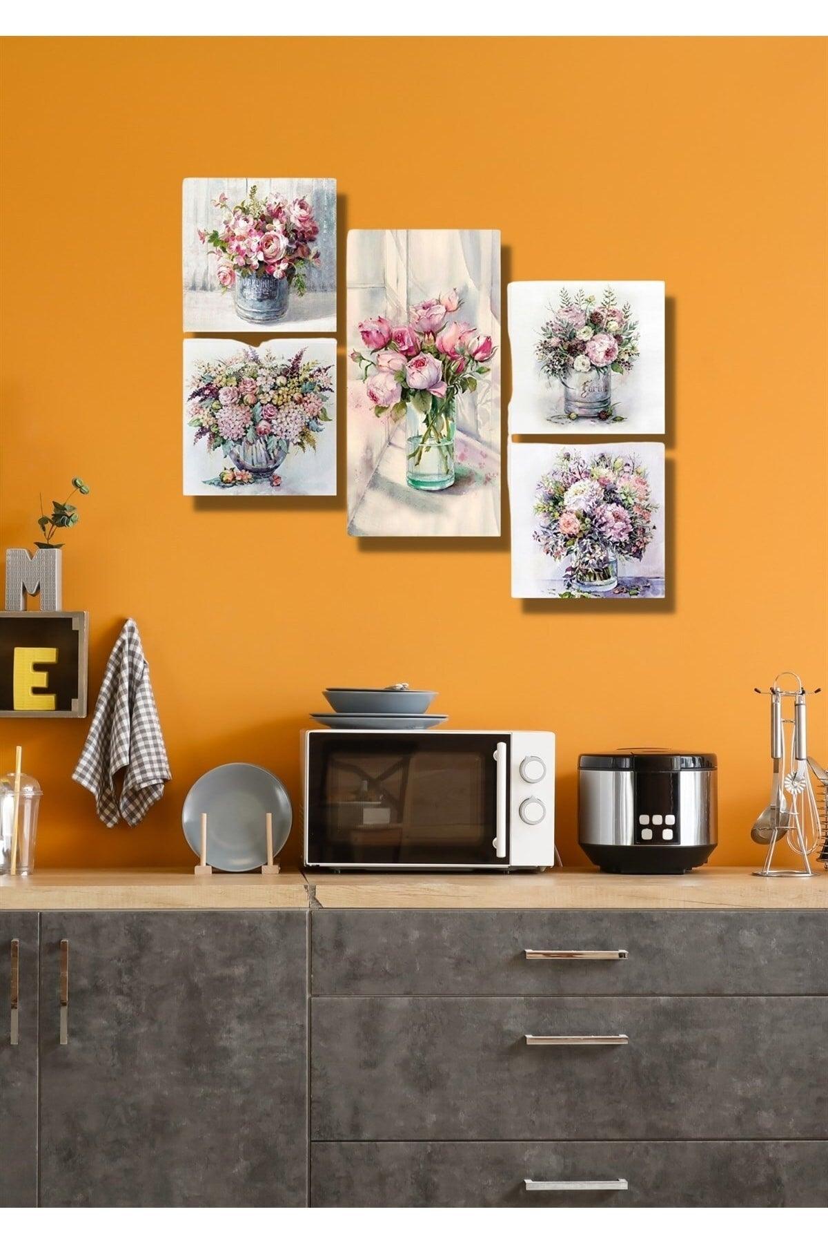5 Pieces Flowers In Wooden Color Vase Wall Decor - Painting Set For Living Room Living Bedroom Kitchen - Swordslife
