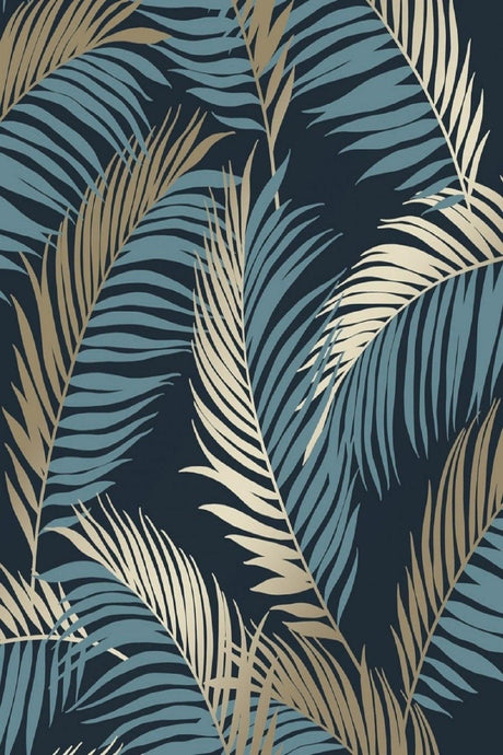 5323 Palm Tropical Flower Gold Blue Parlement Navy Blue Wallpaper 5,30 M² - Swordslife