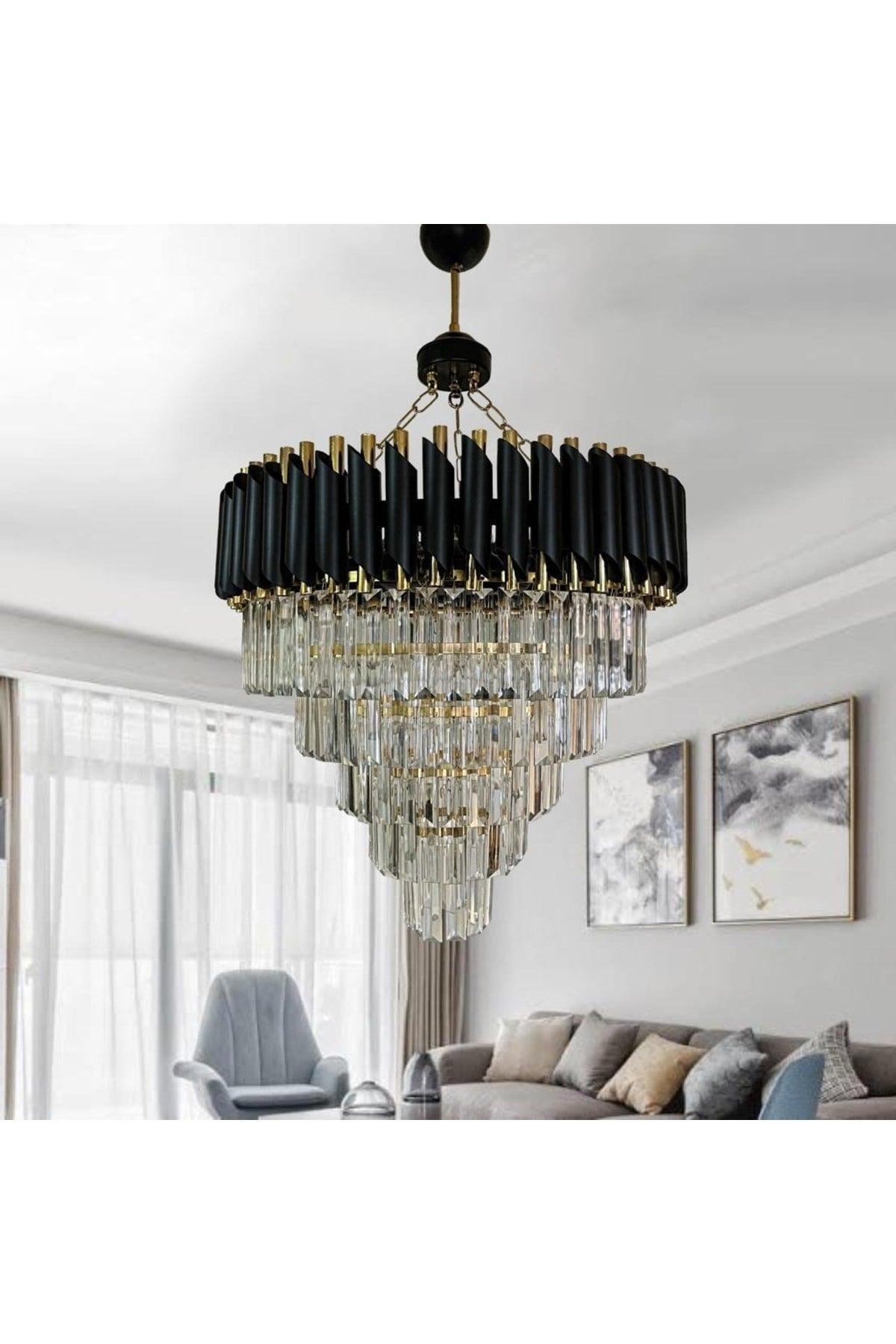 55 Lux Crystal Stone Luxury Chandelier 5 (BLACK-GOLD) 5 Tier - Swordslife