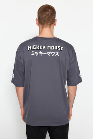 Anthracite Men'S Oversize Crew Neck Short Sleeve Mickey Mouse Printed Licensed Cotton T-Shirt