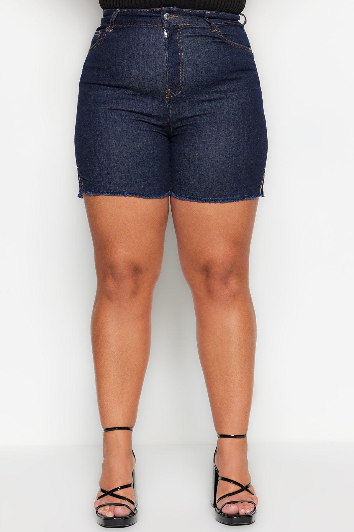 Dark Blue High Waist Stretchy Skinny Plus Size Shorts & Bermuda TBBSS23AP00009 - Swordslife