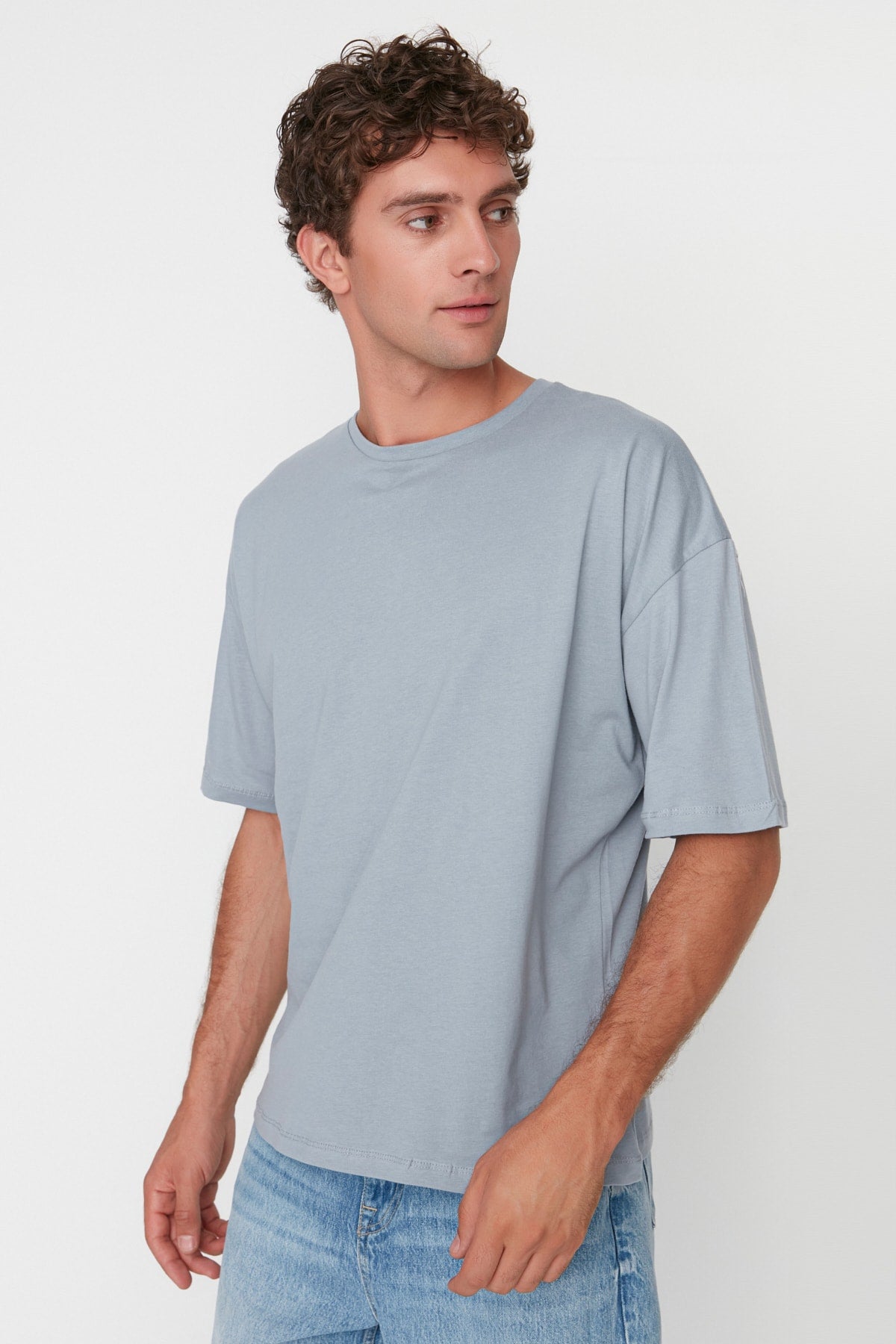 Gray Men'S Basic 100% Cotton Crew Neck Oversize Short Sleeve T-Shirt Tmnss22Ts0318