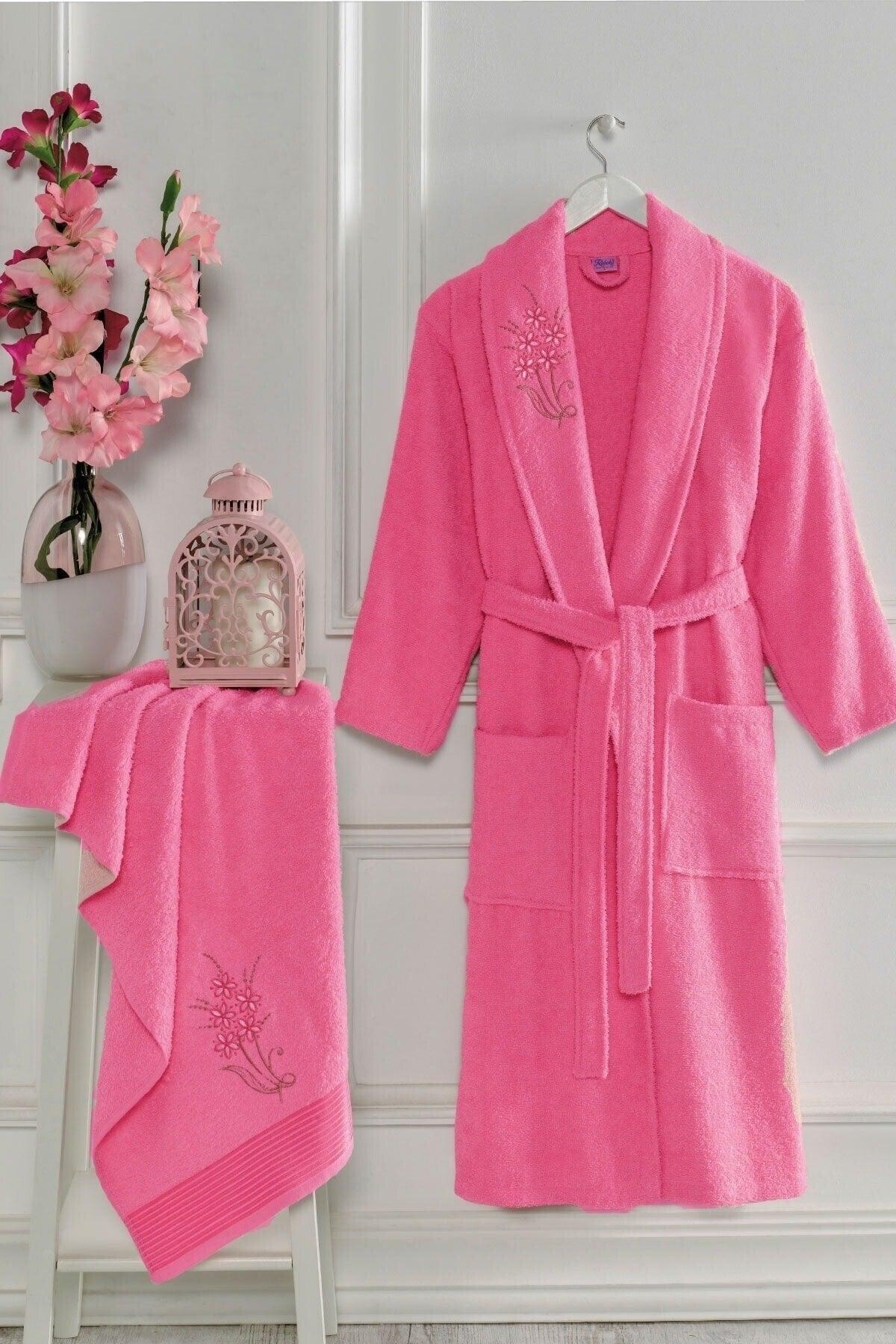 Women Men Pink Elmira Salyaka Cotton Towel Bath Robe Set - Swordslife