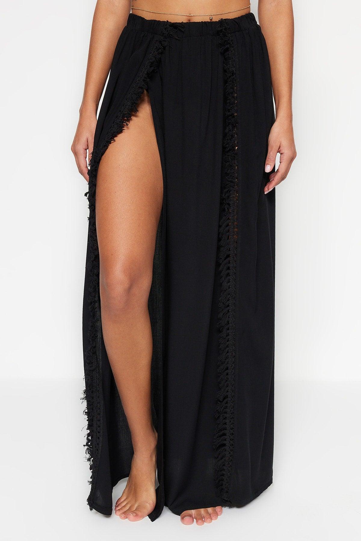 Black Maxi Woven Slit Skirt TBESS21ET0133 - Swordslife