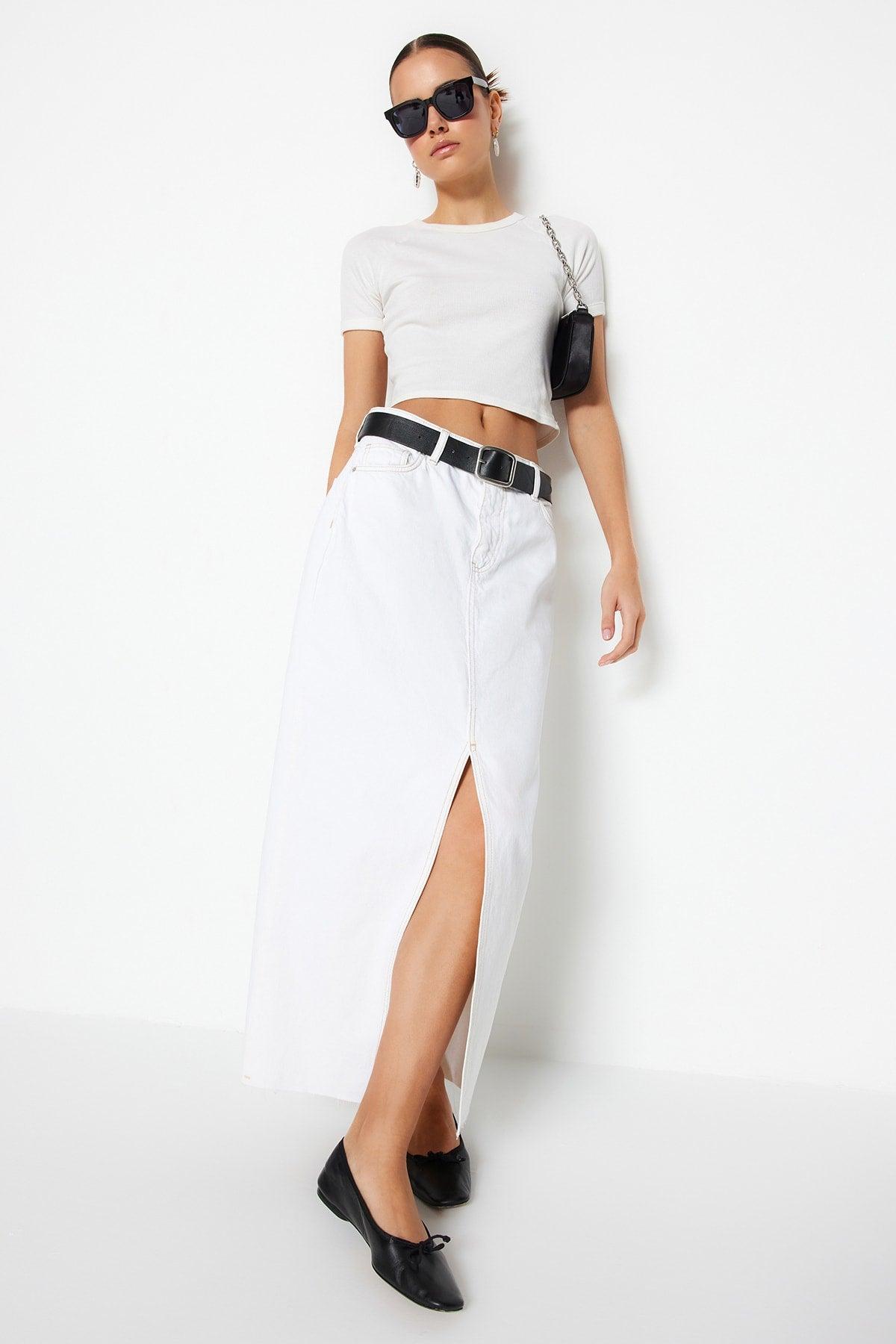 White Slit Maxi Denim Skirt TWOSS23ET00290 - Swordslife