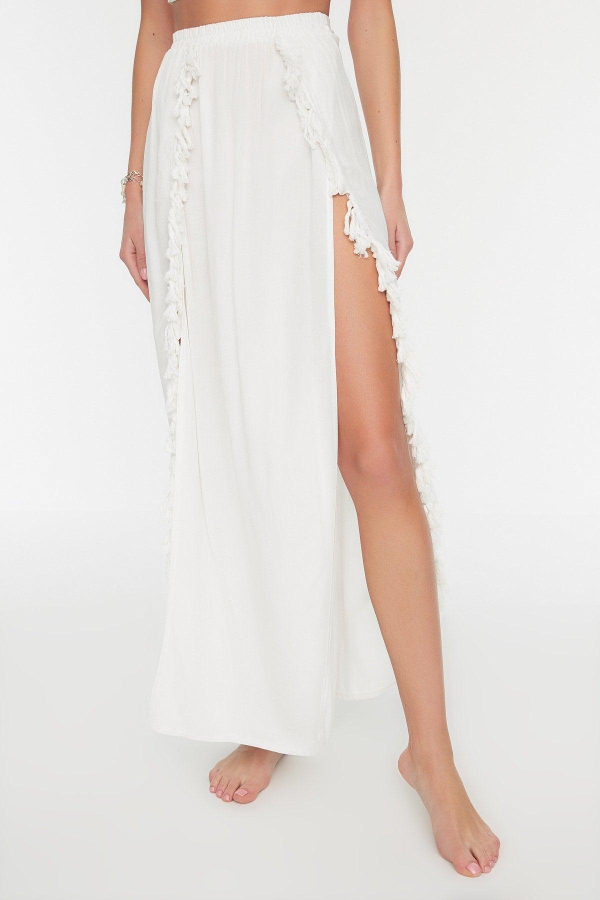 Ecru Maxi Woven Slit Skirt TBESS21ET0133 - Swordslife