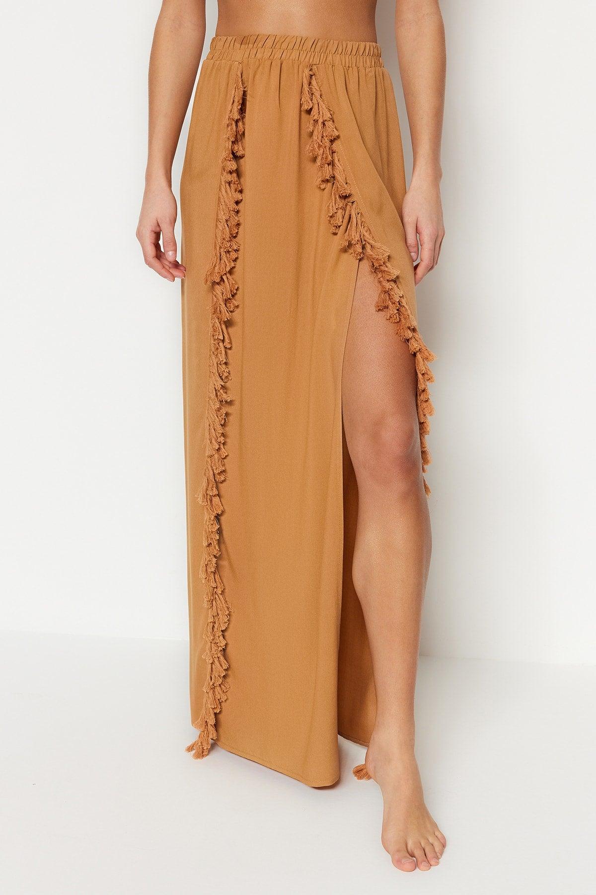 Camel Maxi Woven Slit Skirt TBESS21ET0133 - Swordslife