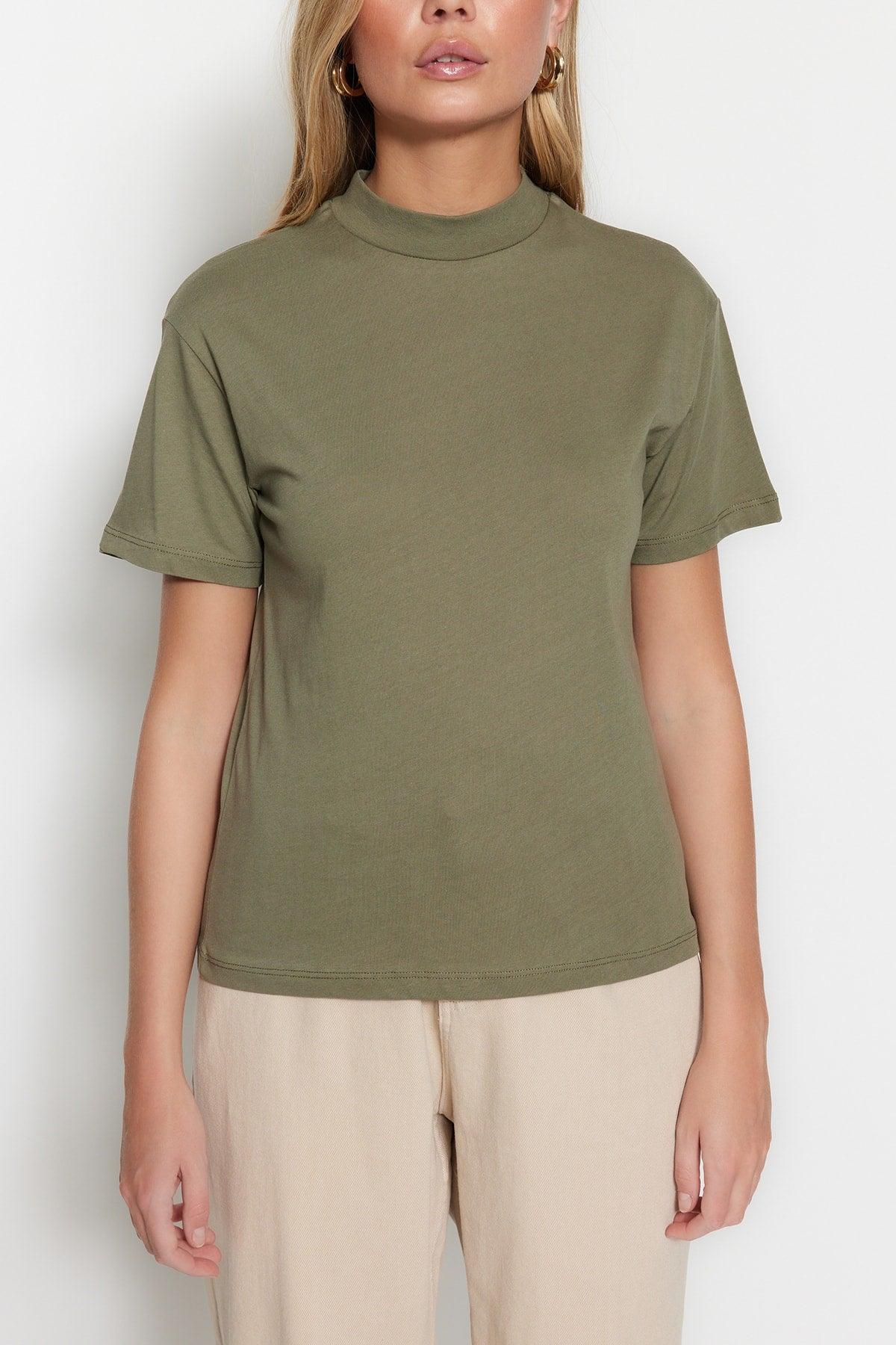 Khaki 100% Cotton Basic Stand Up Collar Knitted T-Shirt TWOAW20TS0096 - Swordslife