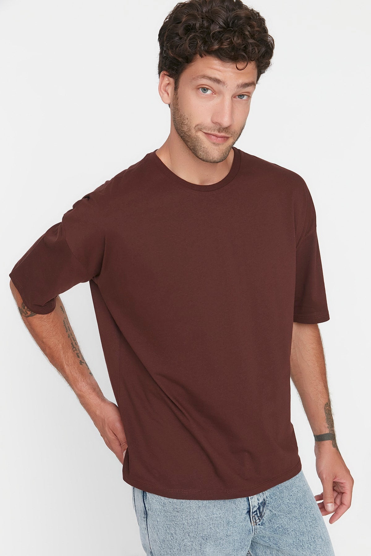 Brown Men'S Basic 100% Cotton Crew Neck Oversize Short Sleeved T-Shirt