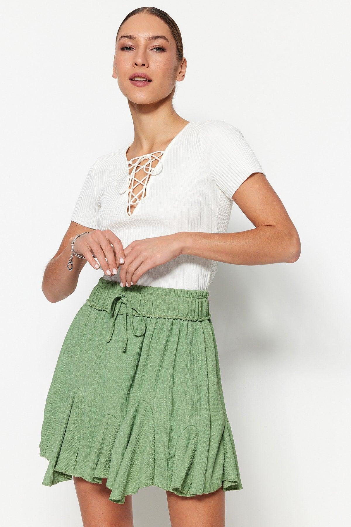 Green Skirt Frilled Normal Waist Crepe Mini Knitted Skirt TWOSS21ET0056 - Swordslife