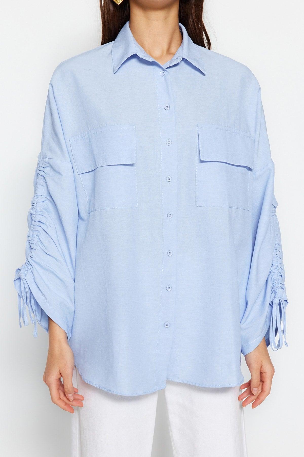 Light Blue Sleeves Adjustable Ruffle Detailed Woven Cotton Shirt TCTSS23TG00011 - Swordslife