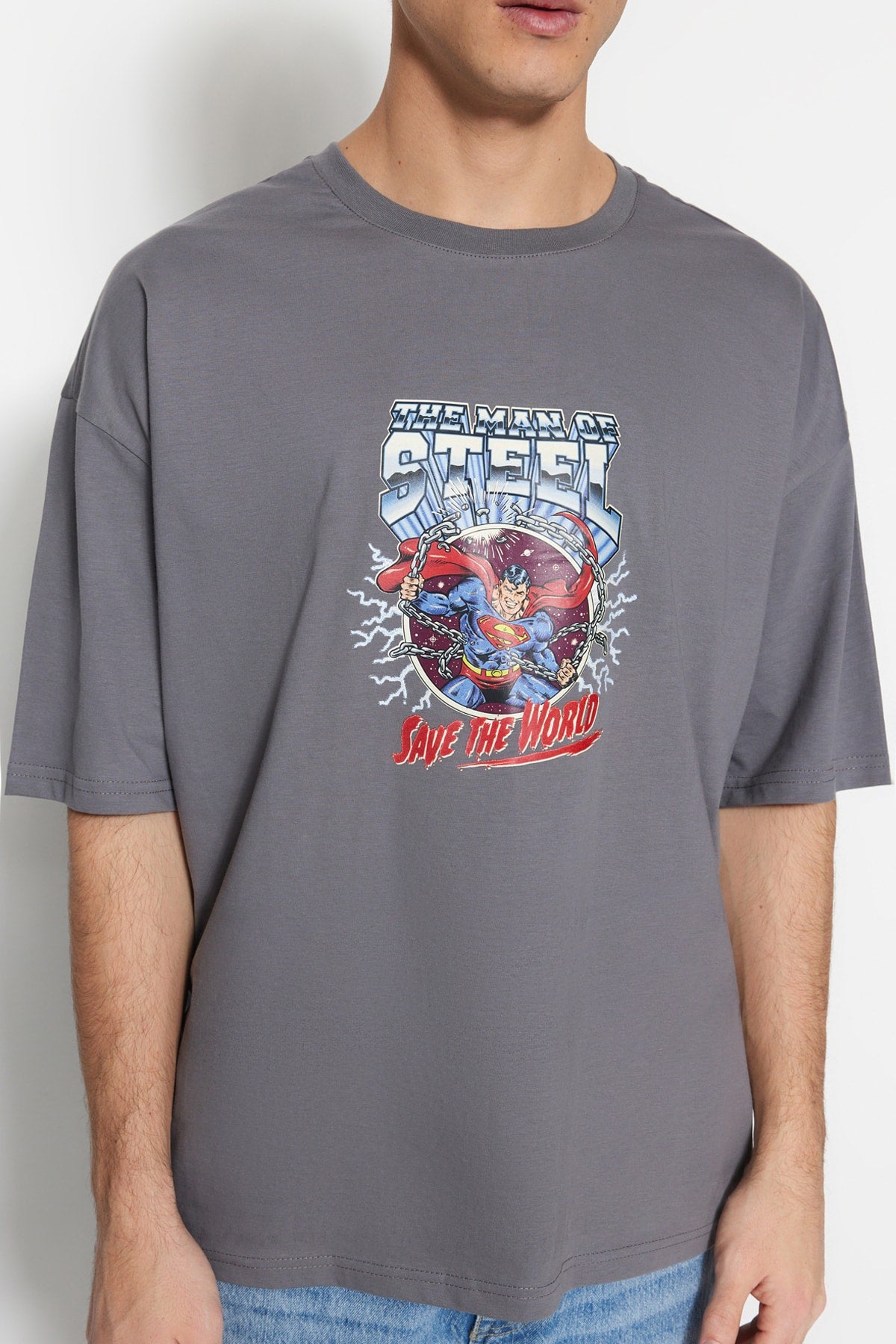 Anthracite Men'S Oversize Crew Neck Short Sleeve Printed Superman Printed Licensed T-Shirt