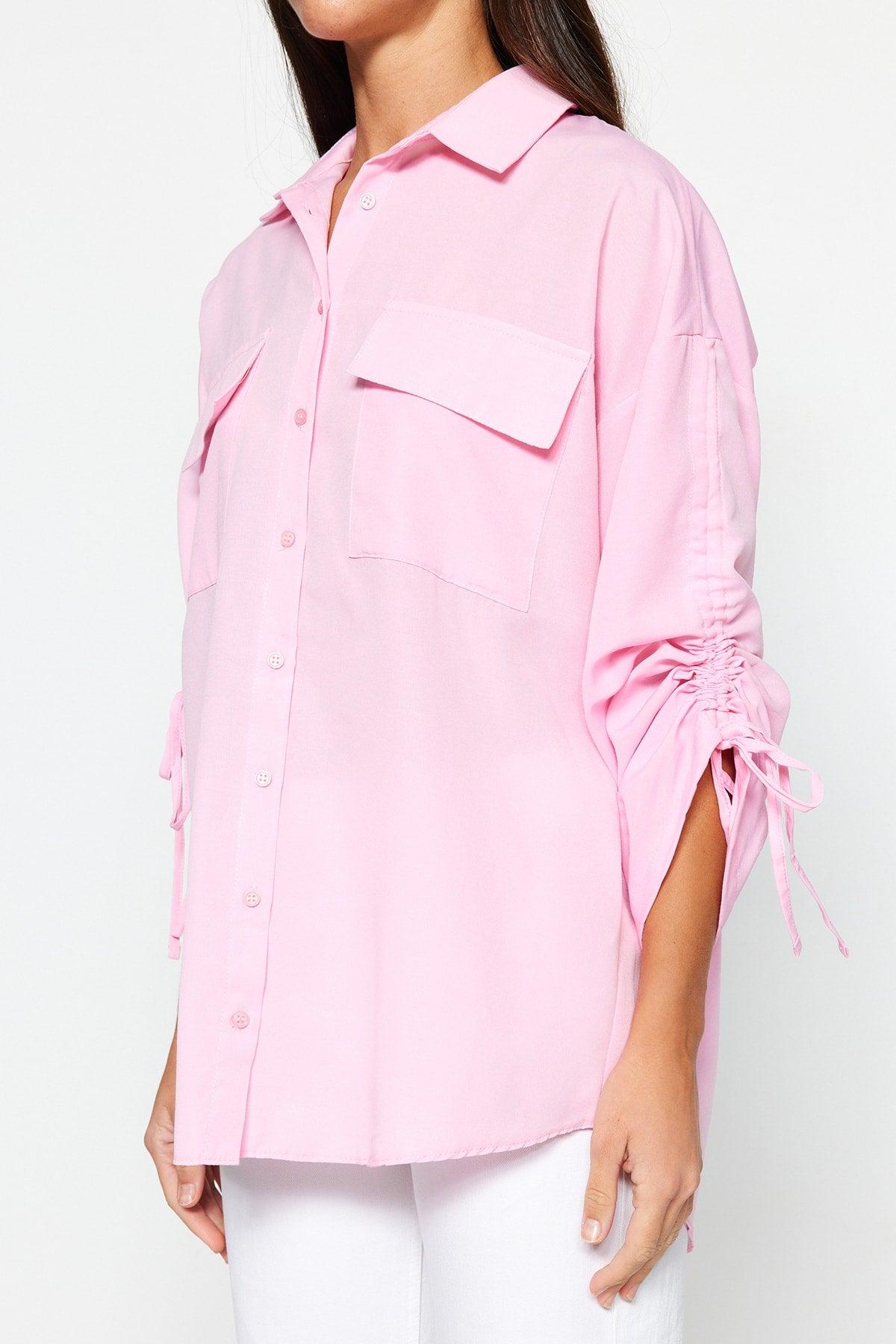 Light Pink Sleeves Adjustable Ruffle Detailed Woven Cotton Shirt TCTSS23TG00011 - Swordslife