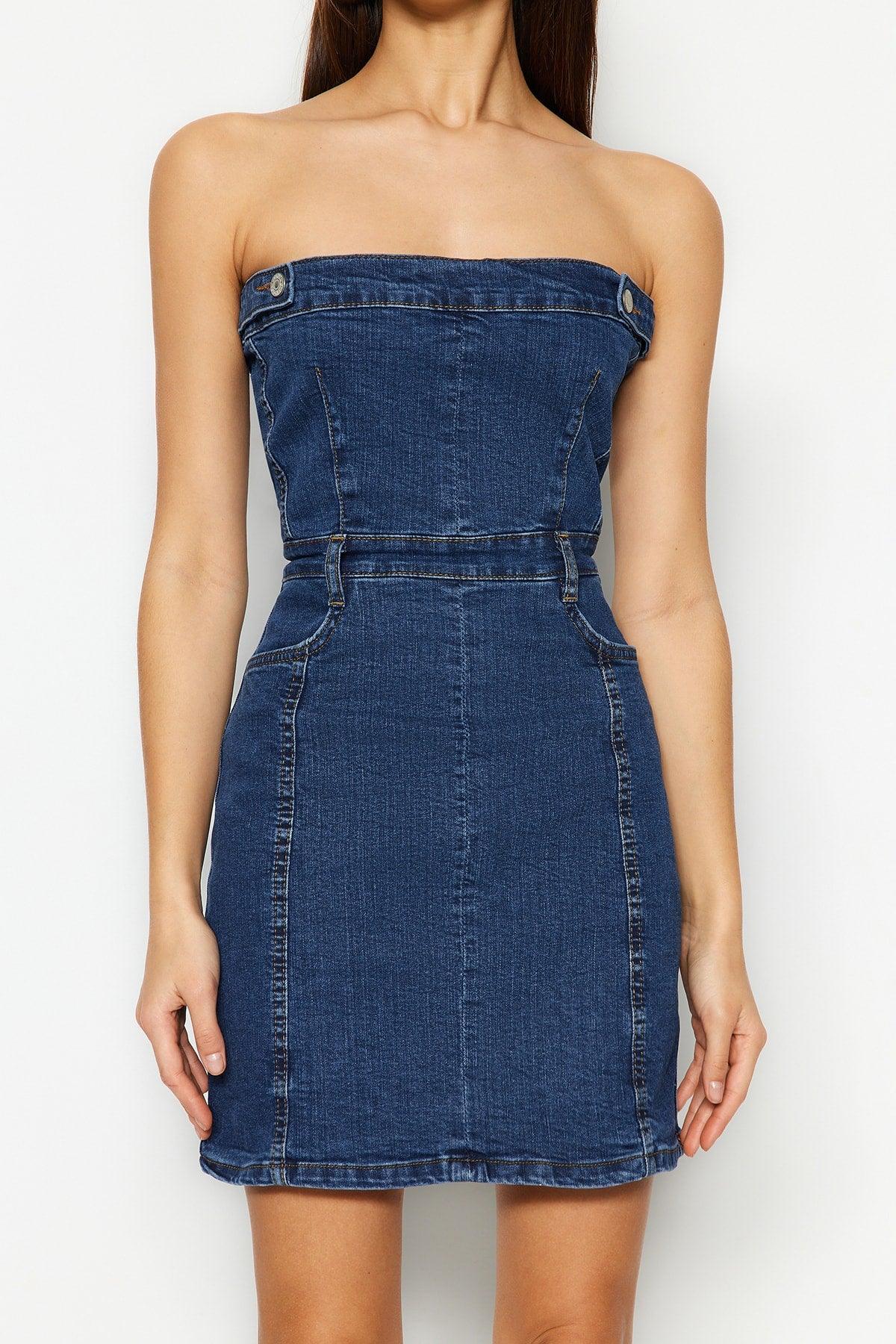 Limited Edition Blue Button Detailed Strapless Mini Denim Dress TWOSS23EL01731 - Swordslife