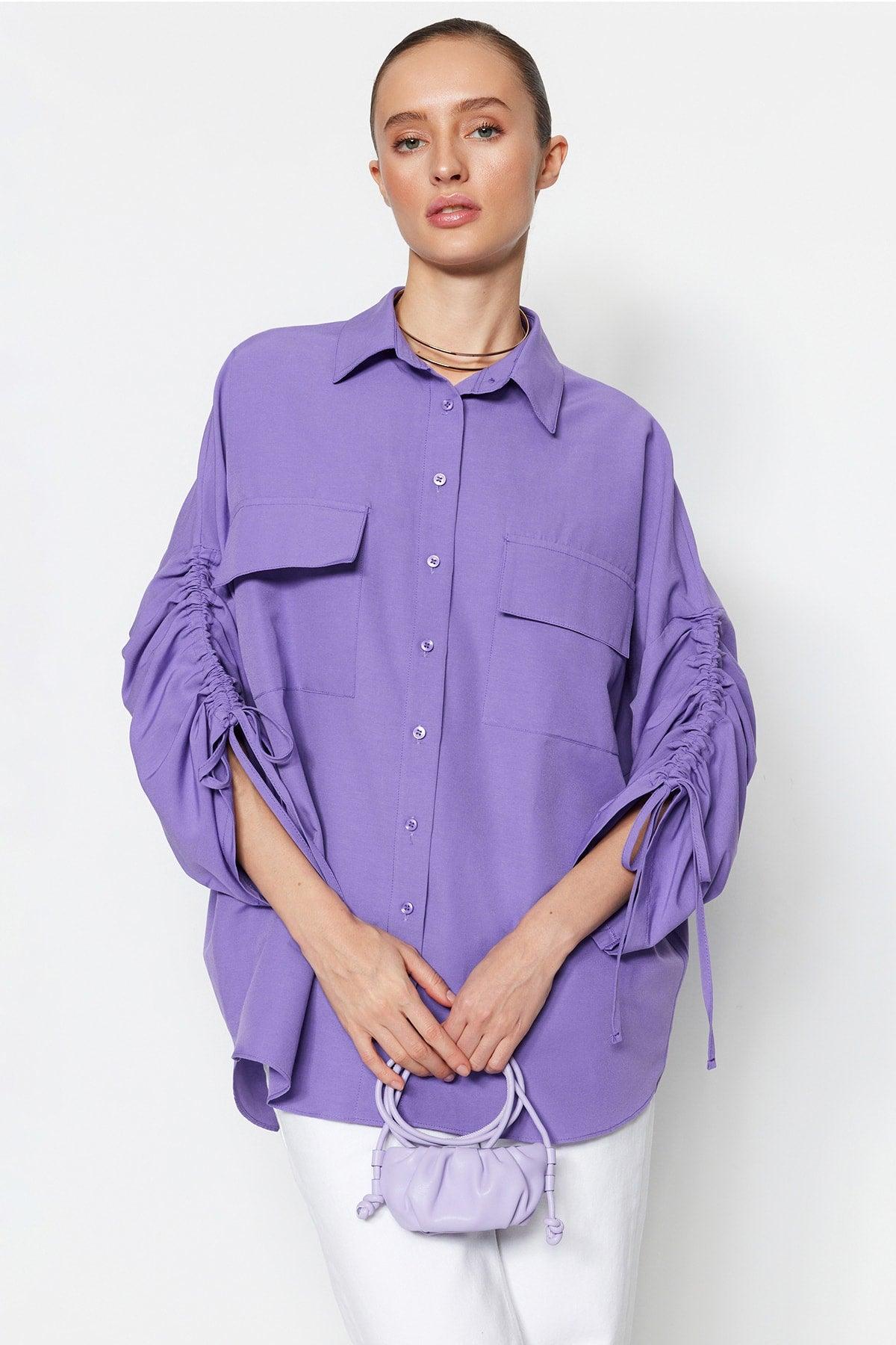 Purple Adjustable Ruffle Detailed Woven Cotton Shirt TCTSS23TG00011 - Swordslife