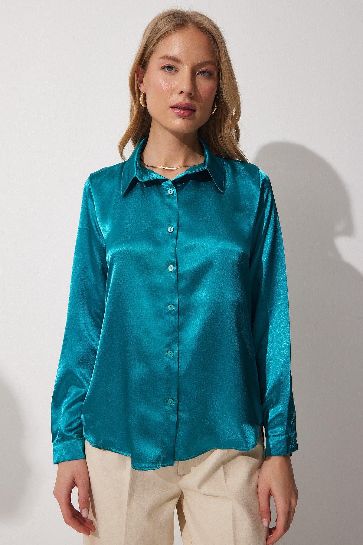 Women's Dark Blue Lightly Flowy Satin Shirt DD00990 - Swordslife