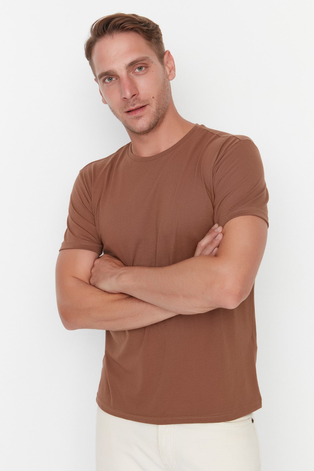Brown Men'S Basic Regular/Normal Fit Crew Neck Short Sleeved T-Shirt Tmnss22Ts0271