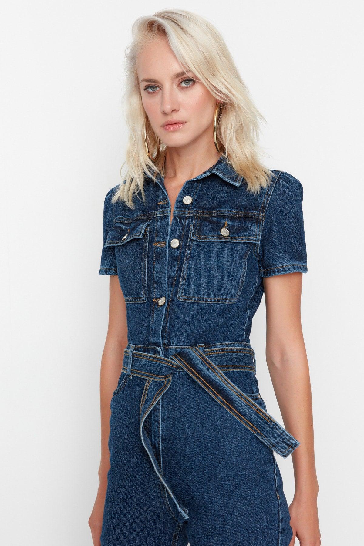 Blue Belted Denim Overalls TWOSS20TU0156 - Swordslife