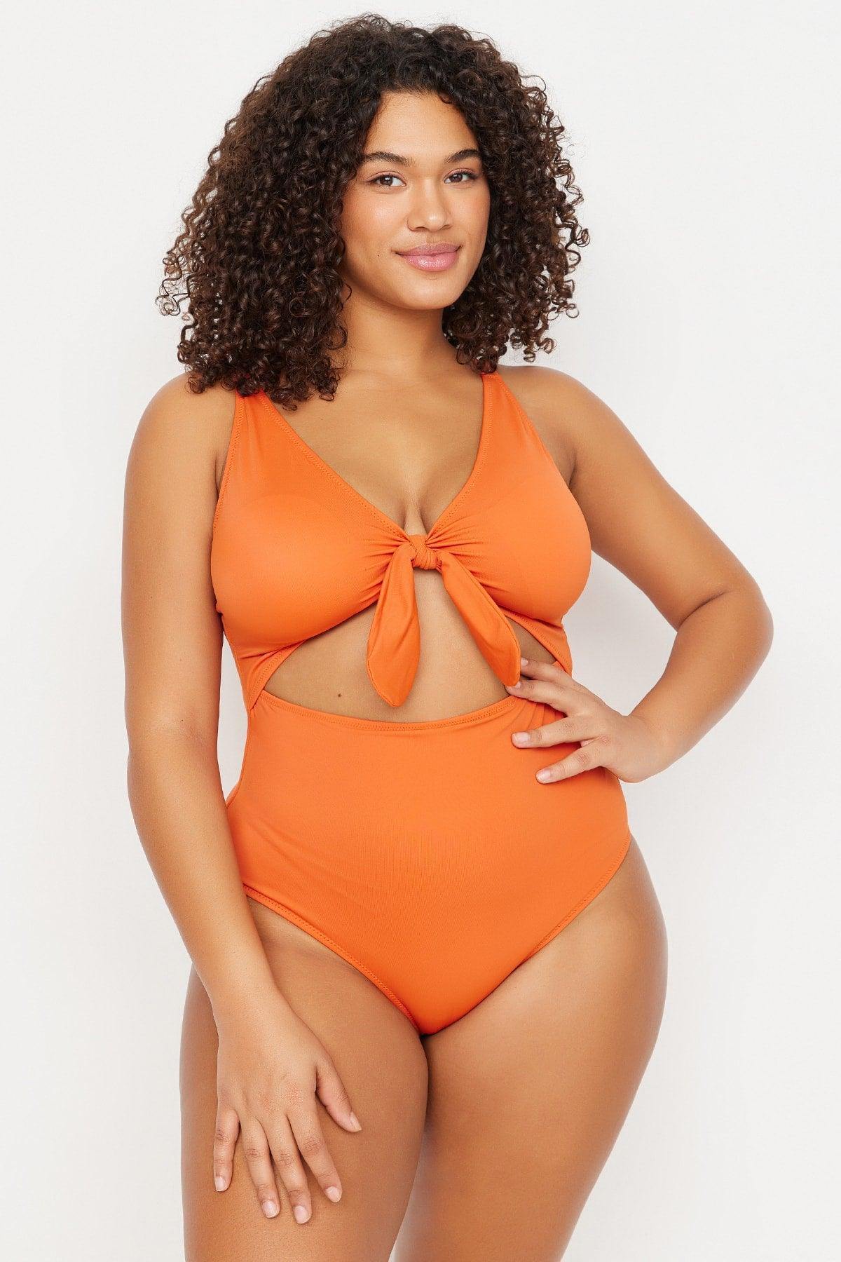 Orange Cut Out Tie Detailed Swimsuit TBBSS22MA0302 - Swordslife