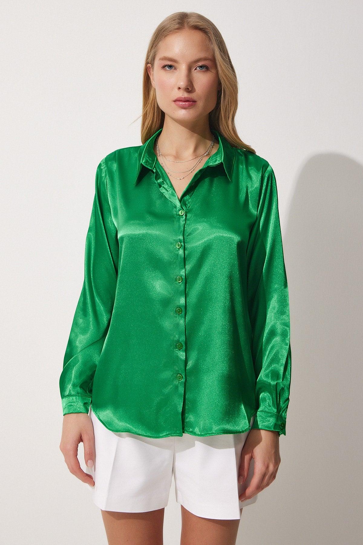 Women's Vivid Green Lightly Flowy Satin Top Shirt DD00990 - Swordslife