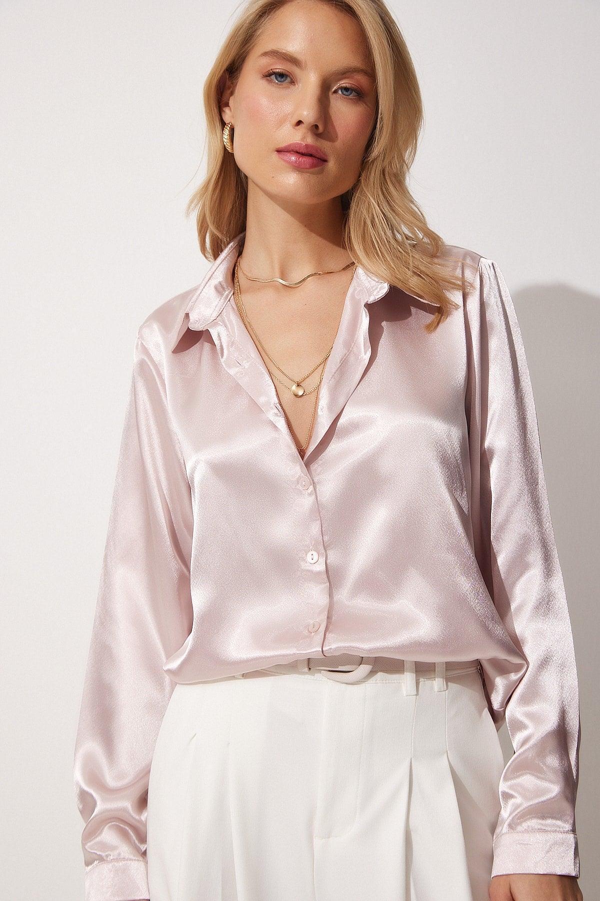 Women's Powder Lightly Flowy Satin Shirt DD00990 - Swordslife