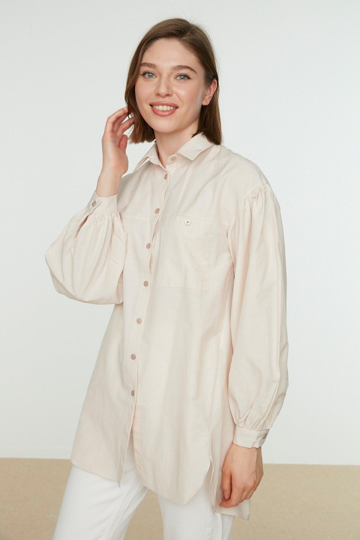 Stone Balloon Back Sleeve Long Pocket Detailed Basic Woven Shirt TCTSS21GO0976 - Swordslife